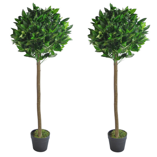 Pair of Artificial Topiary Bay Trees with Natural Trunk 120cm - Evergreenery