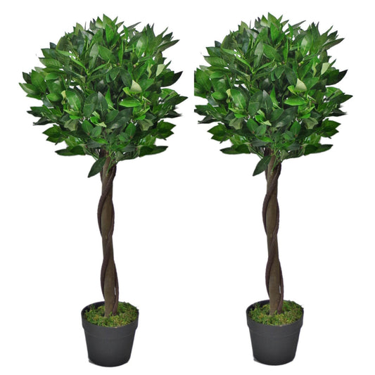 Pair of Artificial Topiary Bay Trees with Twisted Natural Trunk 90cm - Evergreenery