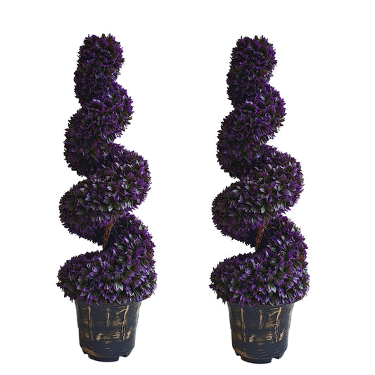 Pair of Artificial Spiral Purple Boxwood Topiary Tree with Decorative Planter 90cm - Evergreenery