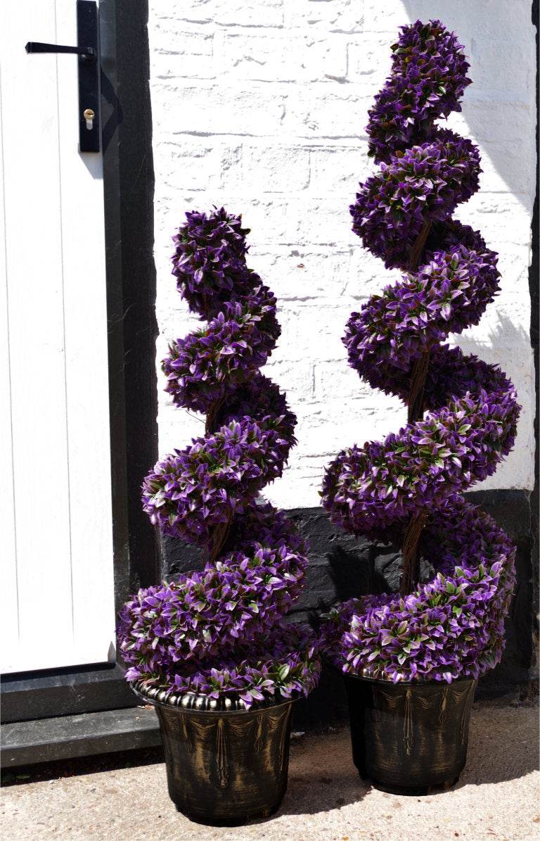 Pair of Artificial Spiral Purple Boxwood Topiary Tree with Decorative Planter 120cm - Evergreenery