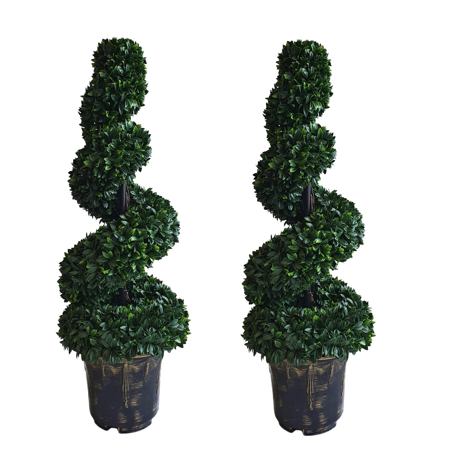 Pair of Spiral Large Leaf Boxwood Topiary Trees with Decorative Planter 90cm - Evergreenery
