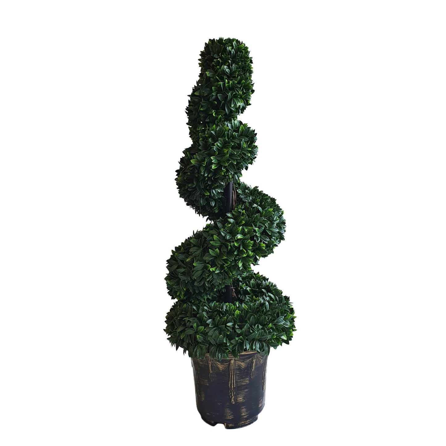 Spiral Large Leaf Boxwood Topiary Tree with Decorative Planter 90cm - Evergreenery