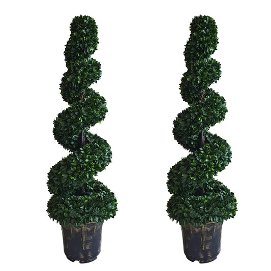 Pair of Spiral Large Leaf Boxwood Topiary Trees with Decorative Planter 120cm - Evergreenery