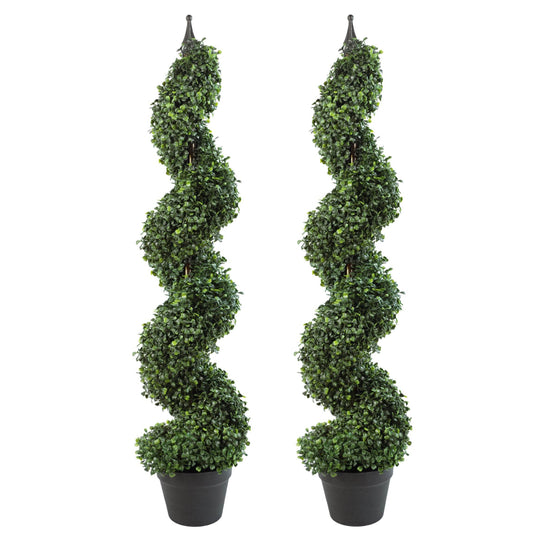 Pair of Artificial Topiary Spiral Boxwood Trees 120cm - Evergreenery