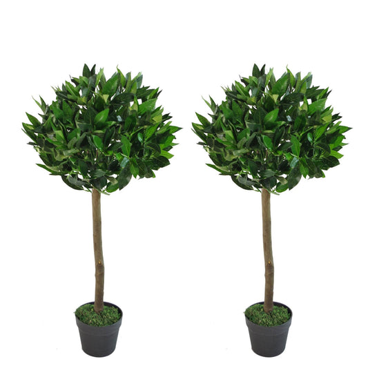 Pair of Artificial Topiary Bay Trees with Natural Trunk 90cm - Evergreenery