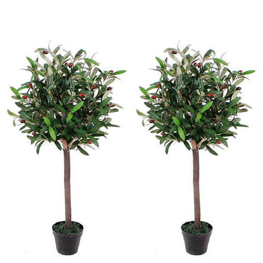 Pair of Artificial Olive Topiary Ball Trees 90cm - Evergreenery