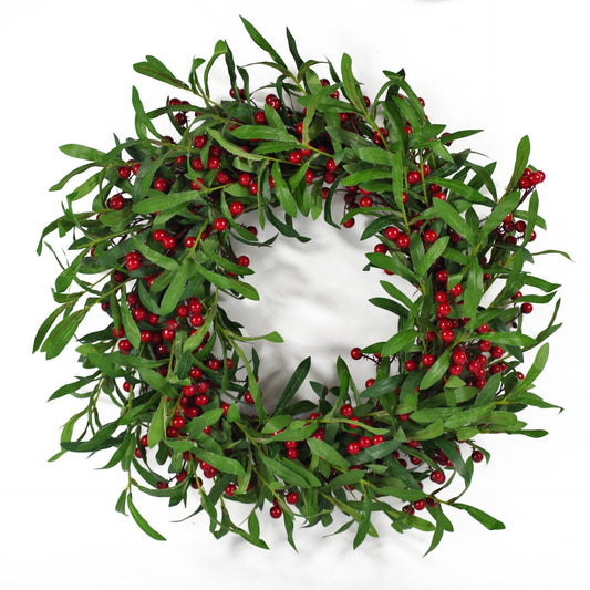 Large Christmas Wreath Red Berry & Mistletoe Leaf 60cm - Evergreenery