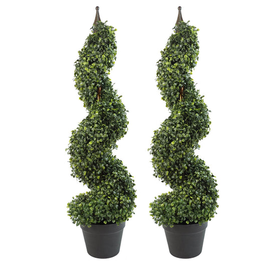 Pair of Artificial Topiary Spiral Boxwood Trees 90cm - Evergreenery