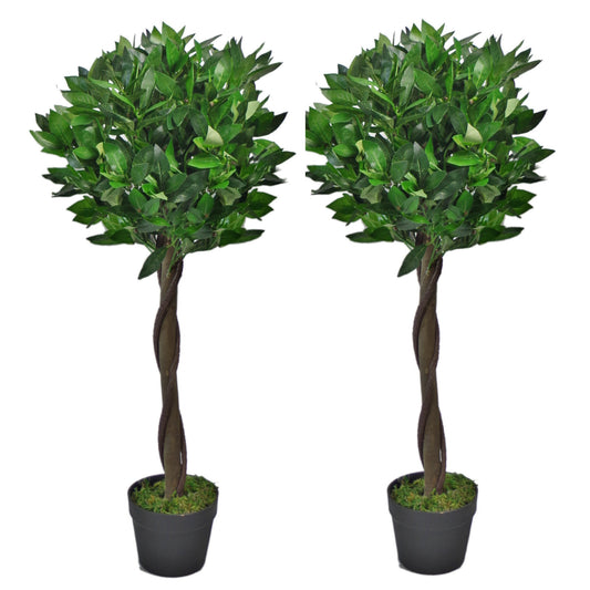 Pair of Artificial Topiary Bay Trees with Twisted Natural Trunk 90cm