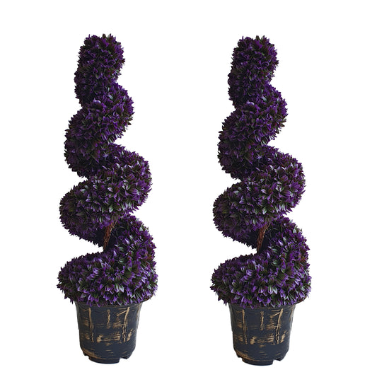 Pair of Artificial Spiral Purple Boxwood Topiary Tree with Decorative Planter 90cm