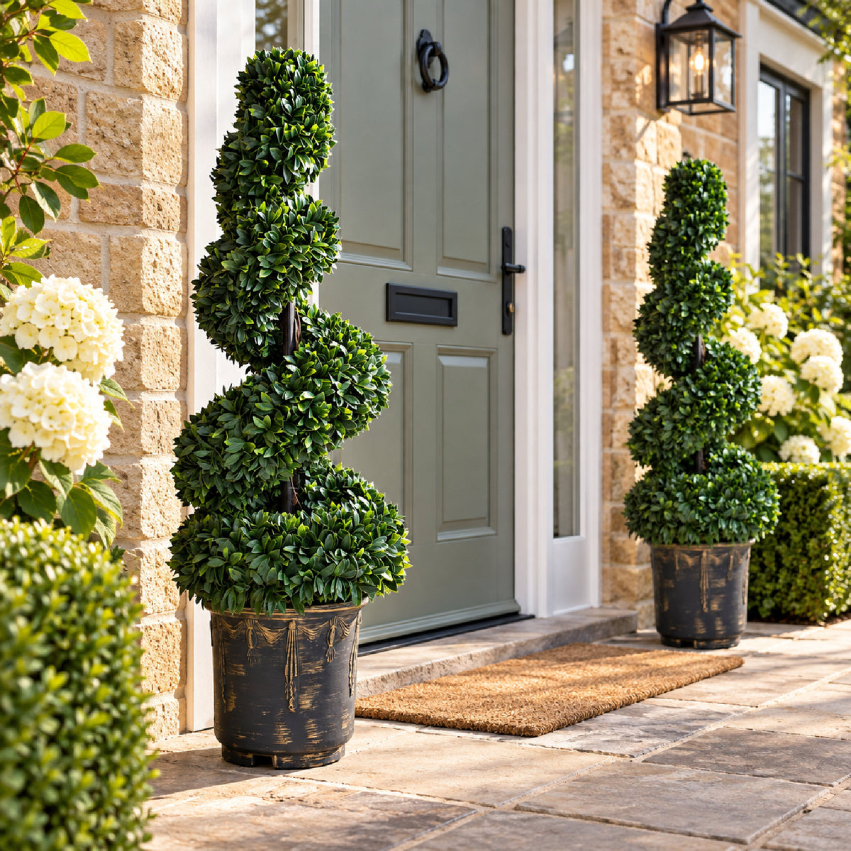Pair of Spiral Large Leaf Boxwood Topiary Trees with Decorative Planter 90cm
