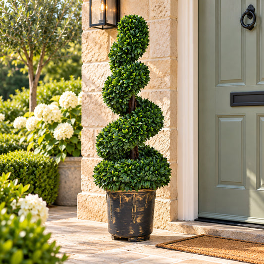 Spiral Large Leaf Boxwood Topiary Tree with Decorative Planter 90cm