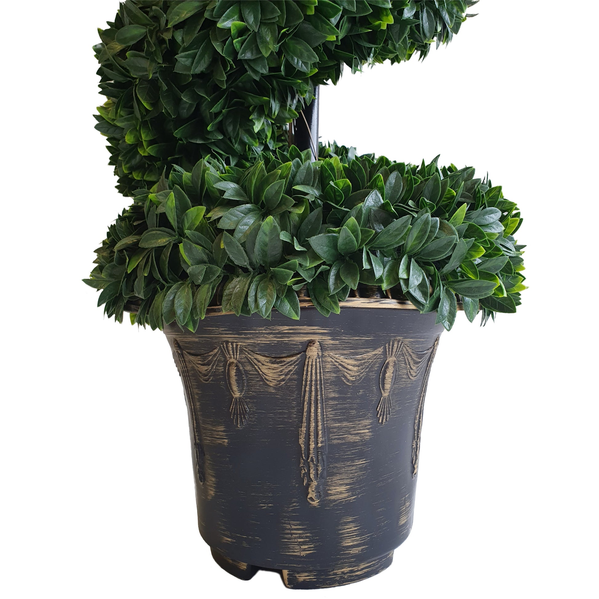 Pair of Spiral Large Leaf Boxwood Topiary Trees with Decorative Planter 90cm