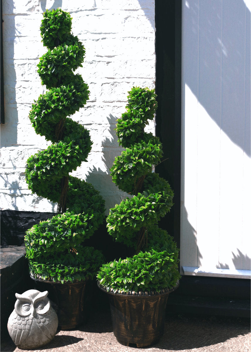 Pair of Spiral Large Leaf Boxwood Topiary Trees with Decorative Planter 120cm