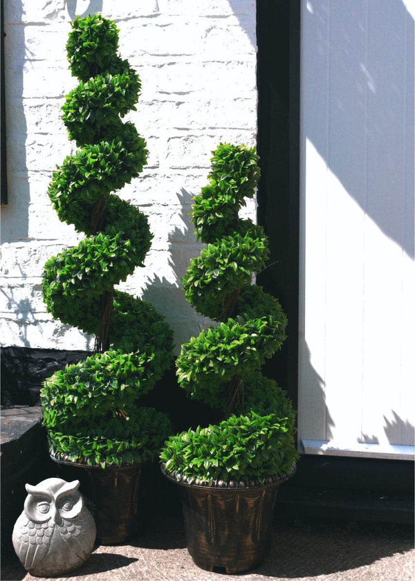 90cm Pair of Purple Large Leaf Spiral Topiary Trees with Decorative Planters main image 0