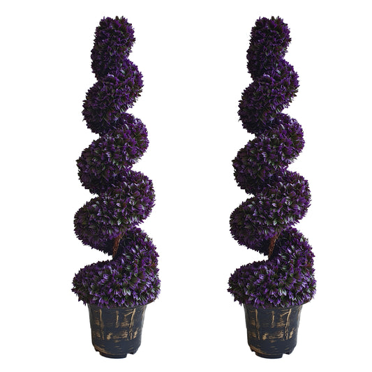 Pair of Artificial Spiral Purple Boxwood Topiary Tree with Decorative Planter 120cm