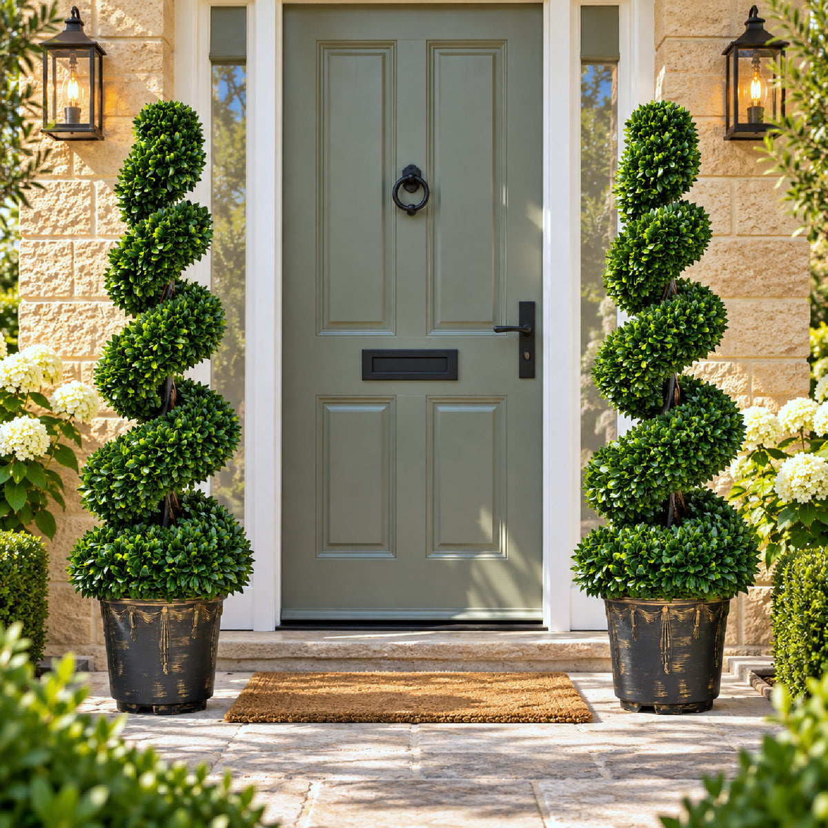 Pair of Spiral Large Leaf Boxwood Topiary Trees with Decorative Planter 120cm
