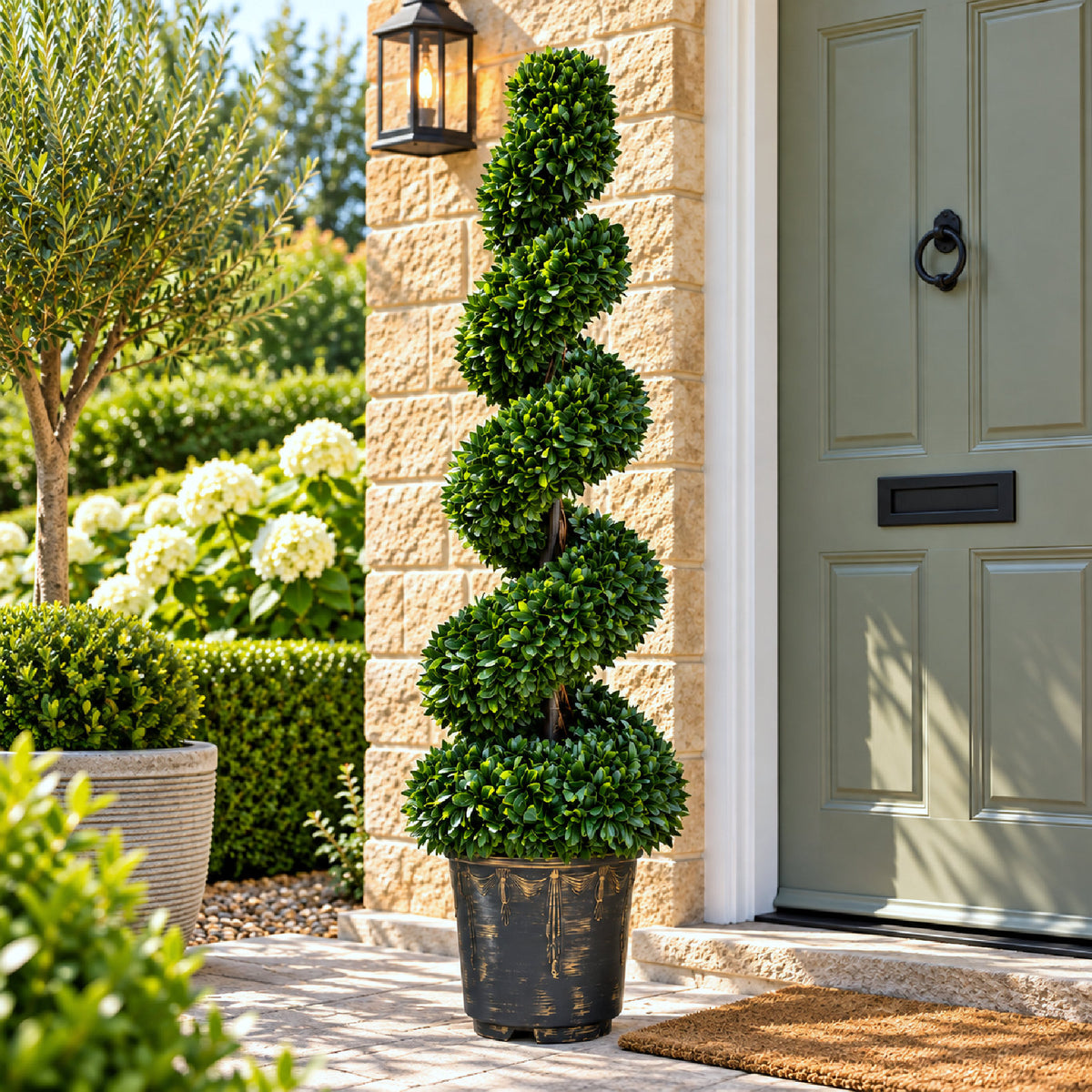 Spiral Large Leaf Boxwood Topiary Tree with Decorative Planter 120cm