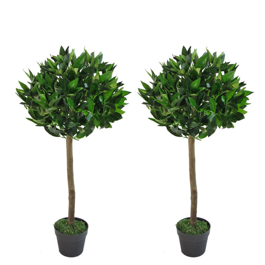 Pair of Artificial Topiary Bay Trees with Natural Trunk 90cm