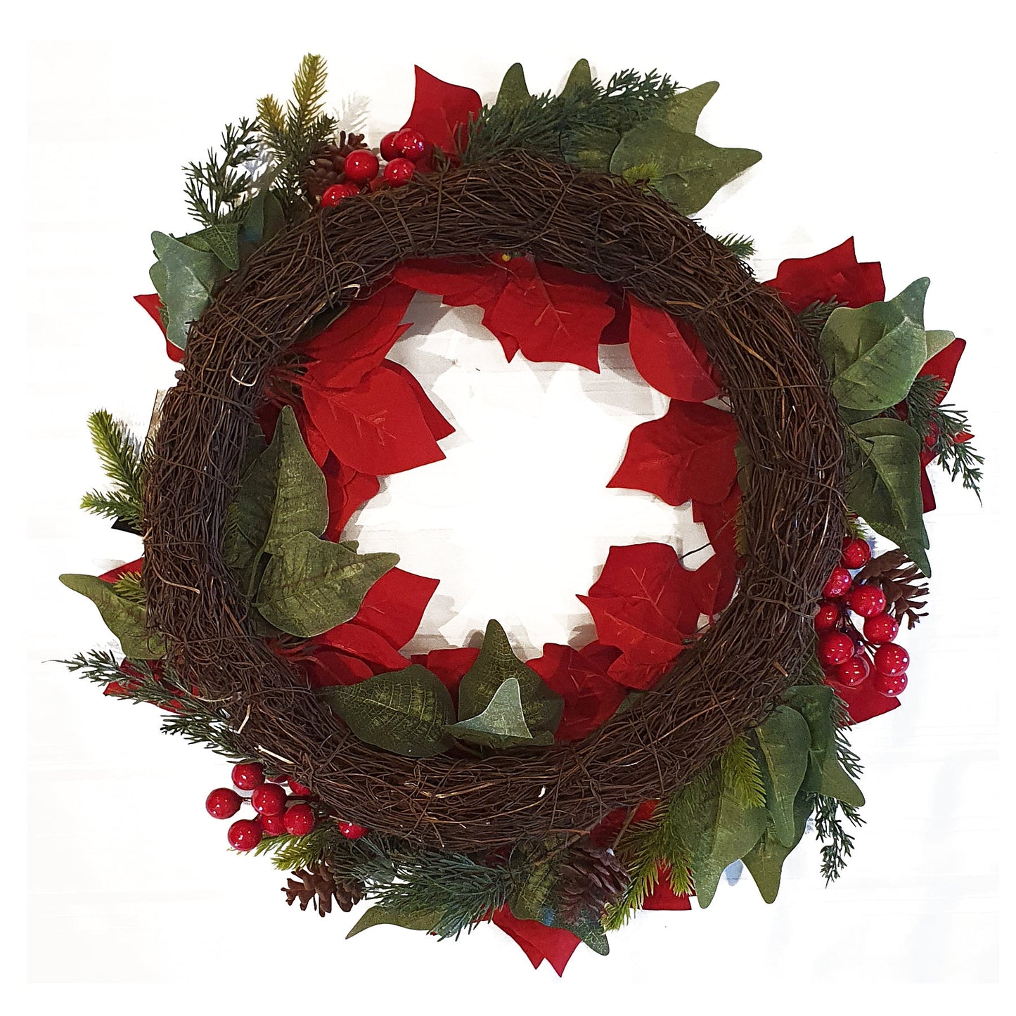 Large Poinsettia Christmas Wreath Natural Woven Base