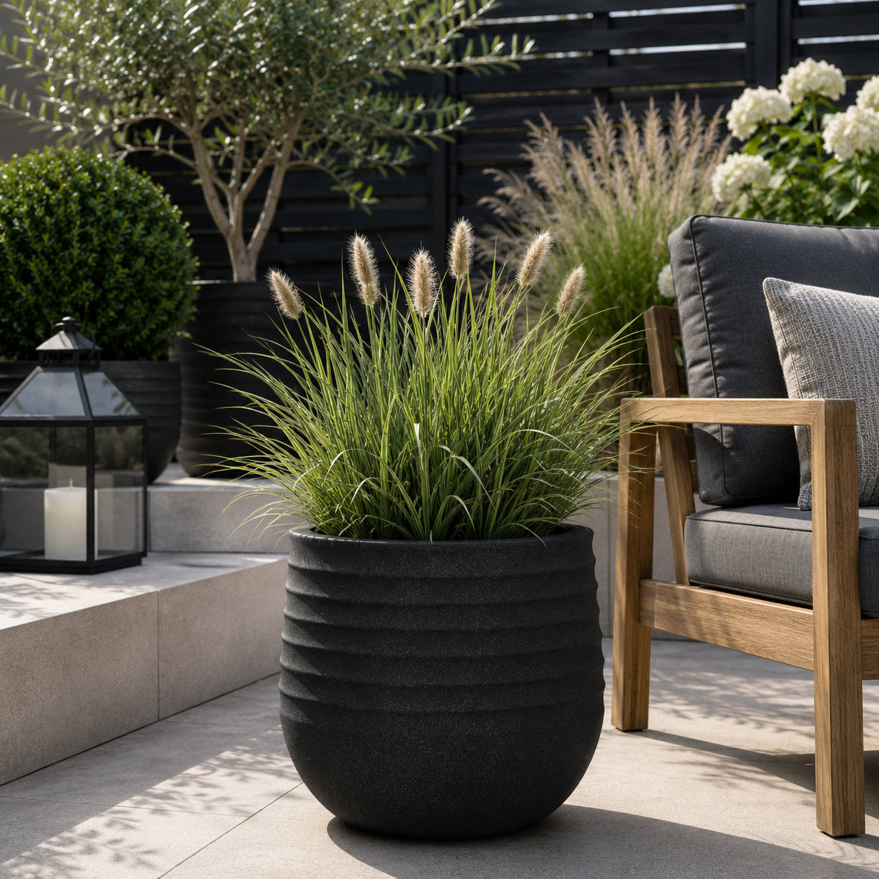 Oslo Black Rippled Plant Pot 30 x 28cm, 16L