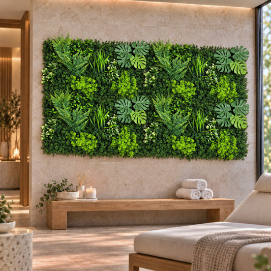 A large rectangular Oasis artificial green wall garden made of layered faux foliage and monstera leaves, mounted on a beige stone wall in a spa-like interior with a wooden bench and lounge chair below.