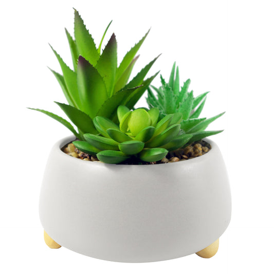 Artificial Succulents in a White Ceramic Pebble Planter 12cm