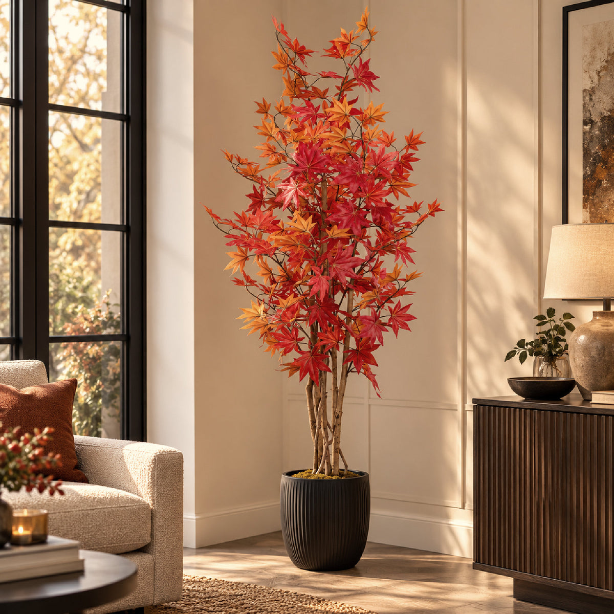 Artificial Autumn Red Maple Tree with Natural Wood Trunk 165cm