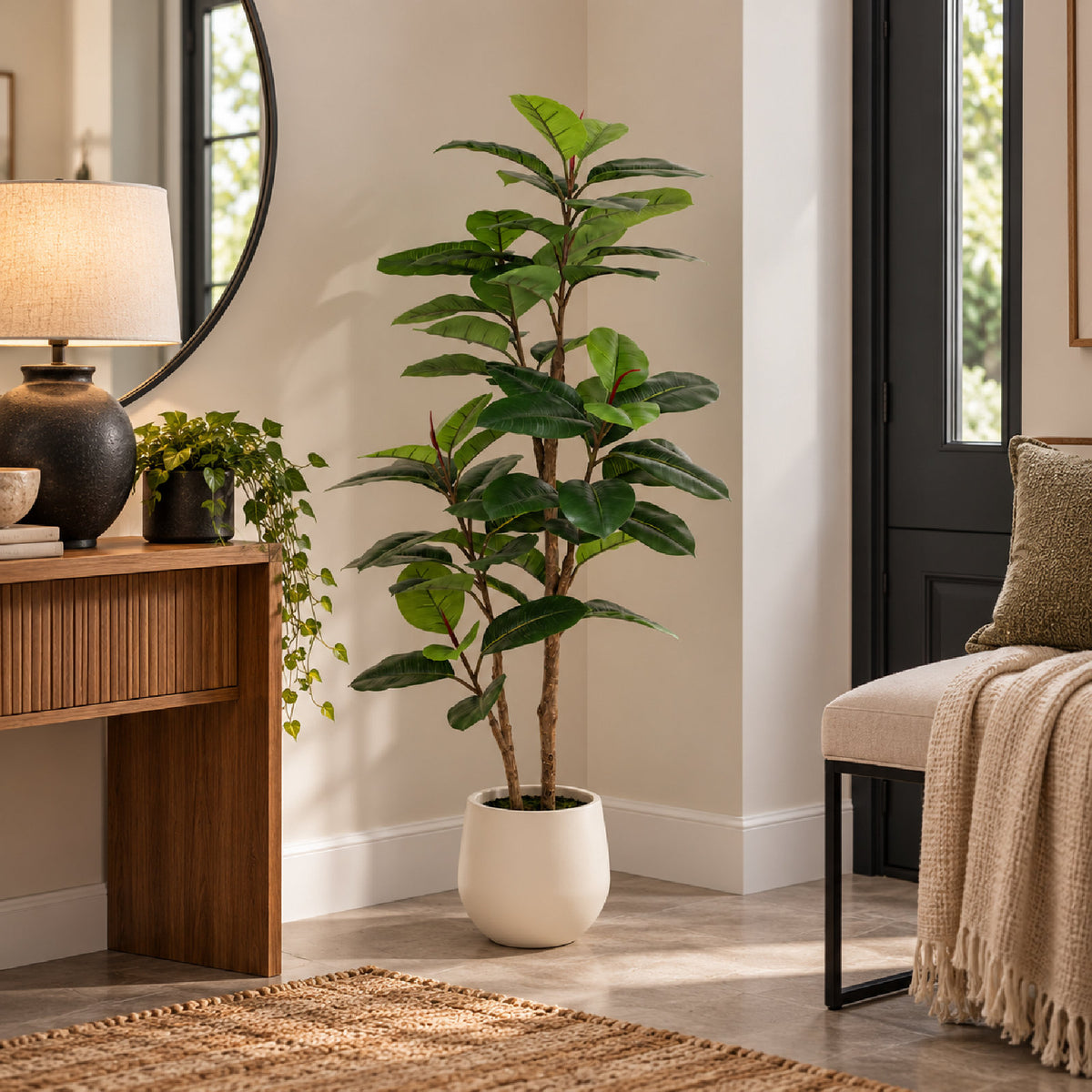 Artificial Rubber Ficus Tree in White Pot - 135cm