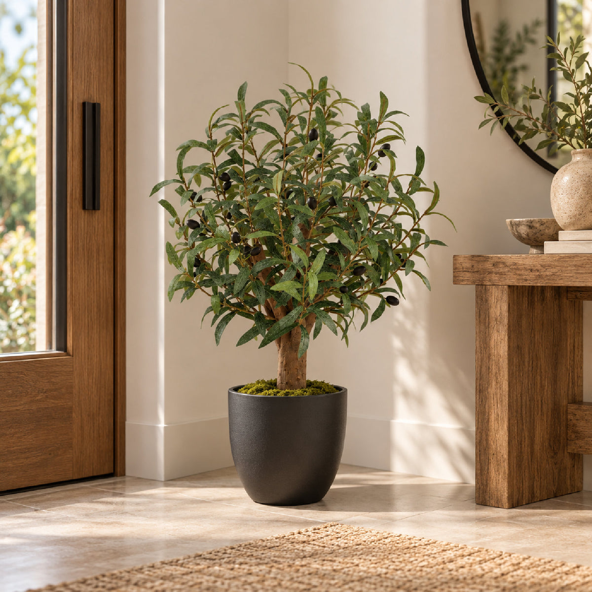 Artificial Olive Tree Natural Wood Trunk in Black Pot - 72cm