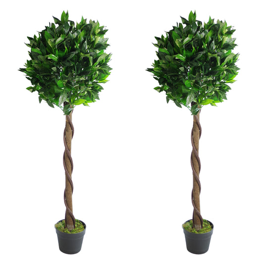 Pair of Artificial Topiary Bay Trees with Twisted Natural Trunk 120cm